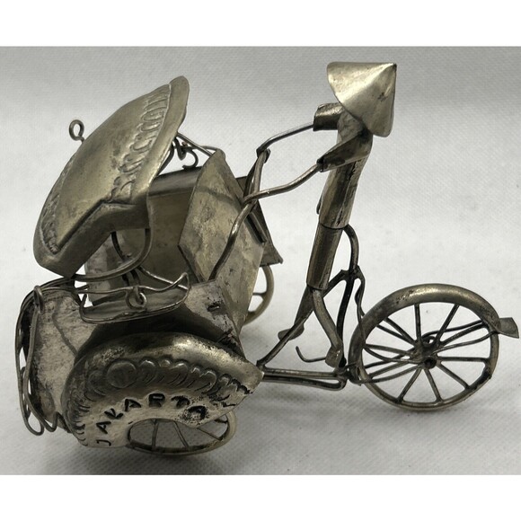 Rickshaw Figure Asian Silver Tone Metal Folk Art Vintage Pedicab Hand Crafted - Picture 2 of 5
